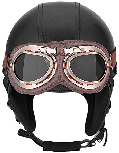 Offener Motorradhelm Aus Leder Mit Brille ECE-Zertifizierter 3/4-Jet-Motorradhelm Für Herren Und Damen Schutzhelm Mit Halber Abdeckung Für Offroad-Moped-Scooter A,L(58-59CM)