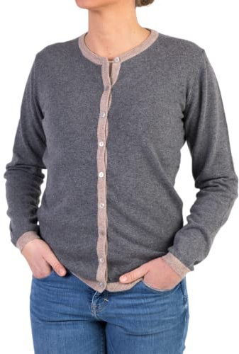 Cardigan Girocollo Donna Misto Cashmere Golfino Avvitato Bicolore Bottoni Made in Italy Classico Lana Merinos Giacca Manica Lunga Autunno Maglia Cachemire Autunno Nero Grigio Beige (XL, Grigio Ferro)