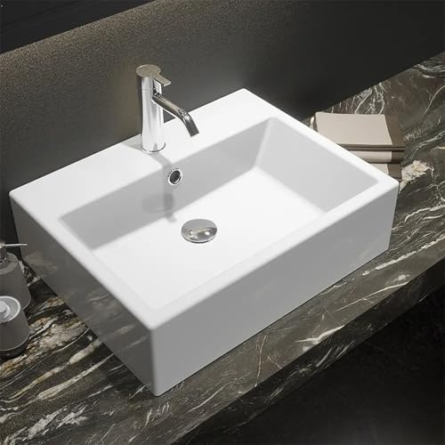 Lavabo da Appoggio Senza Troppo Pieno 53x41x15 cm Rettangolare in Ceramica Bianco Lucido per Mensole da Bagno Sospese