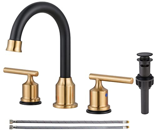 WOWOW 3 Hole Bathroom Faucet Widespread Bathroom Sink Faucet with Pop Up Drain Stopper Vanity Faucet 2 Handle Basin Taps Black and Gold Mixer Tap with Supply Hoses