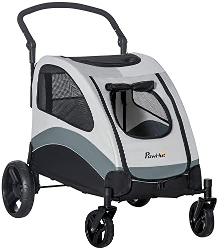 PawHut Passeggino per Cani di Taglia Media con 4 Ruote, Borsa Portaoggetti e Finestra a Rete, in Acciaio e Tessuto Oxford, 107x67x102cm, Grigio