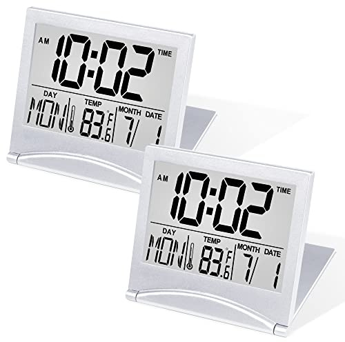 Betus Digital Travel Alarm Clock - Foldable Calendar Temperature Timer LCD Clock with Snooze Mode - Large Number Display, Battery Operated - Compact Desk Clock for All Ages (Silver Pack of 2)