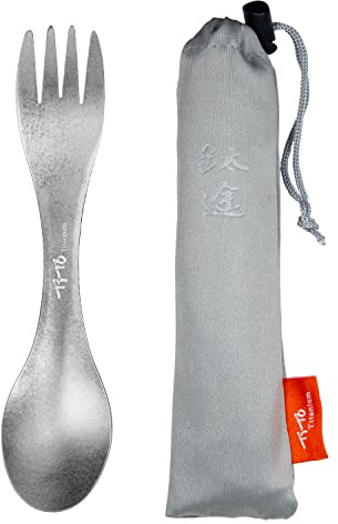 TiTo Titanium Outdoor 2-in-1 Titan Löffel/Spork mit Griff,Multifunktional Tragbare Ultraleichtem Besteck Camping Rucksackreisen mit Aufbewahrungstasche für Trekking (Titan)
