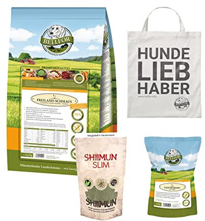 Bellfor Freiland-Schmaus Futterset – Getreidefreies Trockenfutter mit Huhn 2,5 kg + Fleischstreifen 100 g + Shiimun Slim 120 g + Jutebeutel – Für mittelgroße Hunde mit bewusstem Energiebedarf