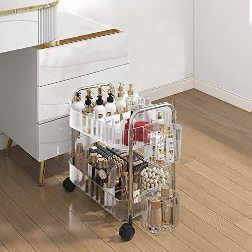 2-Tier Utility Rolling Cart Storage Organizer Sofa Side Table with Wheels, Under Desk Mobile Trolley Organizer with Handle and 2 Hanging Baskets for Office Home Kitchen Organization, Transparent