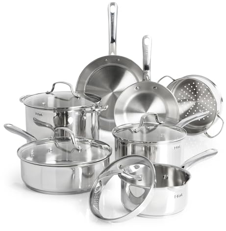 T-fal Stainless Steel Pots and Pans Set 11 Piece, Induction, Oven Broiler Safe 500F, Kitchen Cooking Set w/Fry Pans, Saucepans, Saute Pan, Dutch Oven, Steamer, Cookware, Dishwasher Safe, Silver