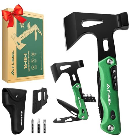 FLISSA Multitool 14 in 1, Geschenke für Männer, Camping Zubehör, Camping Gadgets, Kit Axt mit Klappmesser für Outdoor, Männergeschenke mit Tragtasche, Faltbares Multiwekzeug für Papa