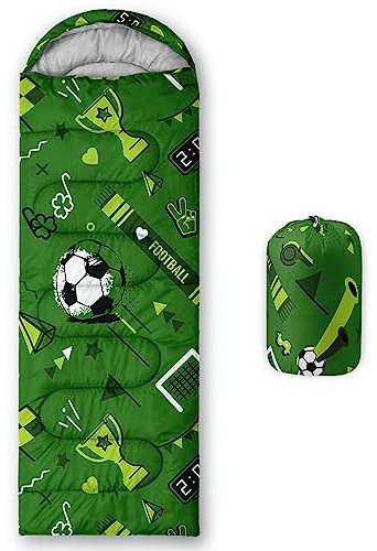 HOSIMA Sacos de dormir infantiles para niños, diseño de fútbol negro y verde, ligero, cálido, portátil, para exterior e interior, impermeable, resistente al frío, saco de dormir para camping