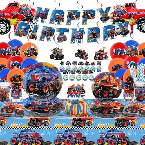 Obussgar Monster Trucks Geburtstag Party Dekorationen, Monster Trucks Party Zubehör einschließlich Banner, Teller, Tassen, Servietten, Tischdecke für Birthday Party - für 20 Gäste