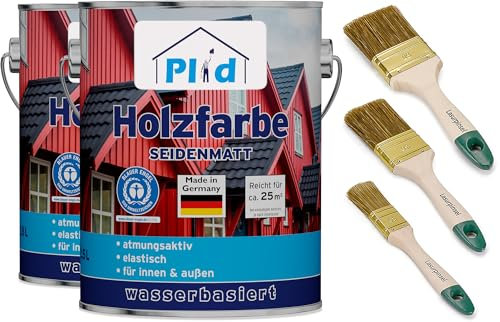 Plid® Peinture Bois Rouge Suédois 5 L + 3 Pinceaux – Intérieur & Extérieur, Protection Bois Durable, Résistante aux Intempéries, Fabriqué en Allemagne