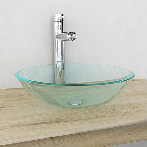 Gecheer Tempered Glass Wash Basin, Transparent Above Counter Installation, 16.5in Diameter for Bathroom or Powder Room