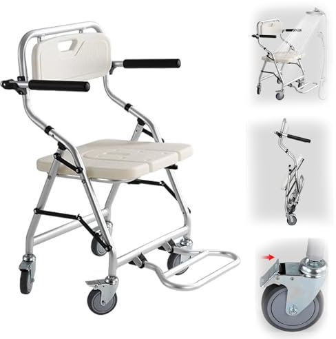 VFDZ Duschstuhl für Senioren mit Rollen Klappbar, Weiß Duschhocker für Senioren mit Bremsen, Duschstuhl Badehocker Aluminiumlegierung, Maximale Belastung 120Kg (A)