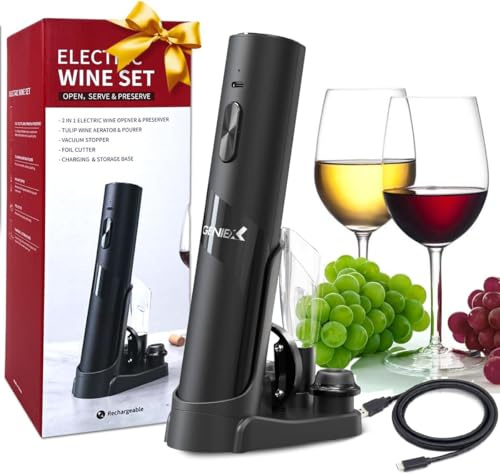 GENIEX Abrebotellas de vino eléctrico con base de carga, sacacorchos eléctrico en el extremo inferior + bomba automática de ahorro de vino en la parte superior, regalo perfecto para vino