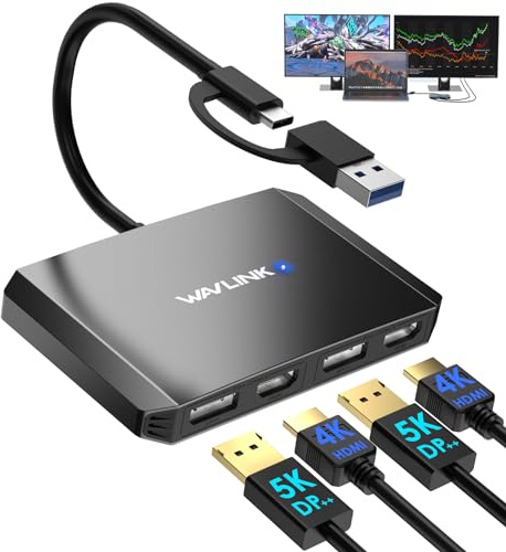 WAVLINK DisplayLink USB 3.0 o USB C a DisplayPort HDMI Adaptador, Dual 5K/4K@60Hz 4IN1 Monitor Hub para Windows y Mac M1/M2-Negro