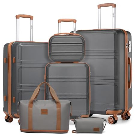 KONO Kofferset Reisekoffer Set Gepäcksets 6 Teilig, Koffer Set mit Beautycase Kosmetikkoffe mit Handgepäck Reisetasche mit Kulturbeutel (Grau/Braun)