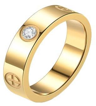 MAGIIE 6mmt Ring Damen Gold Vergoldet, Edelstahl Damen Herz/Kreuz/Zirkon Ringe Schlicht Elegant,Jahrestag Vertrauensring Ewigkeitsringe Hochzeitsringe,Schmuck Größe 50 bis 62 (Gold Zirkon, 54)