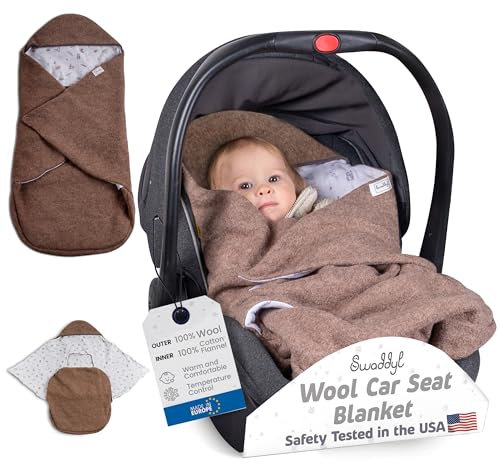 Swaddyl WOLLWALK Einschlagdecke Babyschale - Baby Fußsack - Maxi-Cosi Decke - Einschlagdecken für Kinderwagen - Neugeborene bis 11 Monaten aus 100% Woll (Erde)