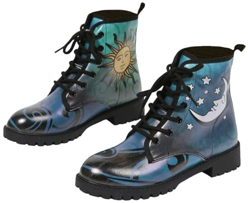 Ulalaza Bottes pour Femmes Bout Rond Talons Bloc Bottines Plateforme Gothique À Lacets Punk Bottes De Combat De Moto en Cuir Imprimé Multicolore Grosses Bottes Courtes
