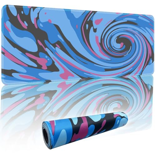 Fluid Pattern XL Mouse Pad,Thicken Waterproof Blue Black Swirl Large Gaming Mousepad with Stitched Edge, Aqua Swirl Mousepad,Non-Slip Base Ink Liquid Mouse Keyboard Mat 800X300X3mm