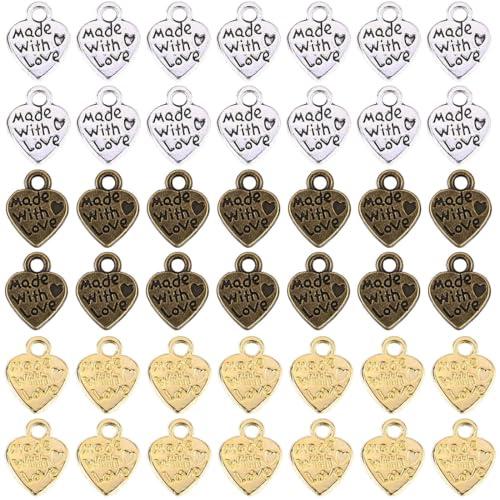 AFCJLTO 60x Antik-Silber Herz Anhänger 'Made with Love',Handmade Knöpfe Metall Label Anhänger- perfekt für DIY Schmuckherstellung und Accessoires（Gold, Silber, Kupfer）