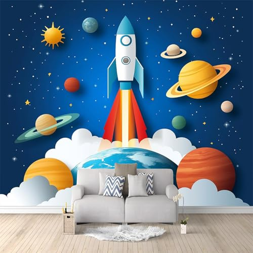 Papel Pintado Panorámico Cohete De Dibujos Animados Planeta Azul 400x280 cm Fotomurales No Tejido, Murales Decoración de Pared, Póster Pared Personalizado 3D Para Salón Dormitorio