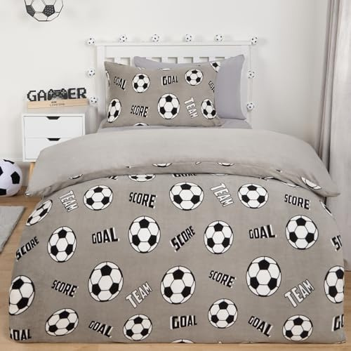 OHS Boys Single Duvet Cover Set Fleece Bedding, Football Gifts for Boys Super Soft Winter Warm Fleece Duvet Cover Single Football Bedding Kids Room Decor Quilt Cover with Pillowcase, Grey