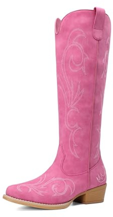 DREAM PAIRS Stivali da Cowboy da Donna Comodi Stivali Alti Fino al Ginocchio da Cowgirl con Cerniera Laterale Tacco Grosso Stivali Western Ricamati