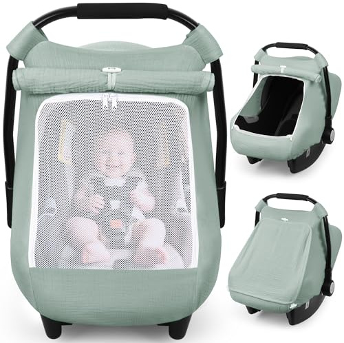 Rquite Car Seat Cover Baby, Carseat Covers Girl Boy, Breathable Muslin Cotton, Large Mesh Window, Infant Car Seat Canopy Baby Carrier Cover Stroller Sun Shade for Summer & Hot Day, Green
