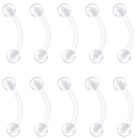 D.Bella 8 – 10 barras de plástico curvadas transparentes de 16 g, para cejas, labio, hélice, tragus, rook, barras de 6 a 12 mm, retenedores flexibles de acrílico, bioflex, 10mm x 1.2mm x 3mm, Plástico