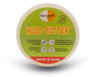 Renuwell Holz-Butter 100 ml mit Bienenwachs, lebensmittelecht | Intensiv-Pflege für alle Holzarten, 100 % natürliche Inhaltsstoffe, hochwertiger Holzbalsam, Schweizer Qualität