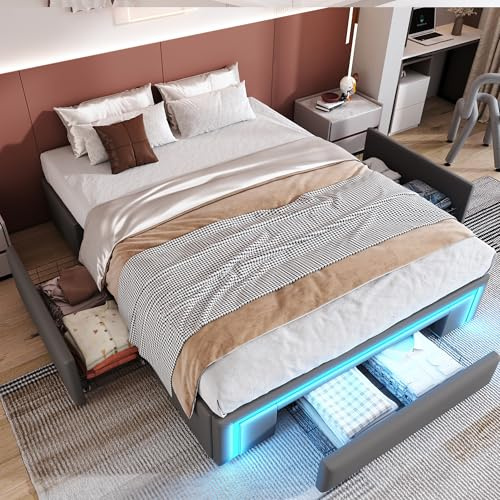 Gxffipw Doppelbett Bettgestell 140x200 cm mit Schubladen und LED-Lichtleiste, PU-Leder Bett Ohne Kopfteil mit Stauraum, Jugendbett Stauraumbett Bettrahmen mit Metalllatten, Grau, Ohne Matratze