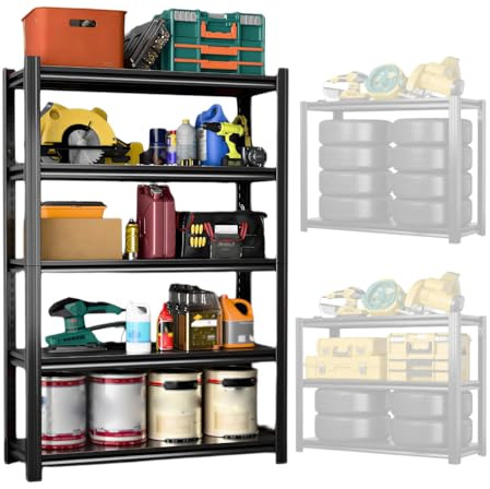 Coolpleasant 175kg Estanterias Almacenaje de 5 Niveles,Estanteria Garaje con Estantes Ajustables y Ruedas,Estantería Metálica para Cocina Baño Habitación Salón Trastero,183 x 90 x 40cm,Negra