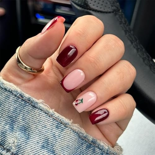24pcs Short Square False Nails French Tip Burgundy Press on Nails Nude Pink Stick on Nail with Red Cherry Design Removable Glue on Acrylic Fake Nail Accessories for Women