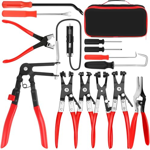 QLOUNI 13 PCS Hose Clamp Pliers,Automotive Long Reach Hose Clamp Remover Kit for Automotive Coolant Radiator Heater and Water Hose with Flexible Wire Long Reach Hose Clip and Flat Band Pliers