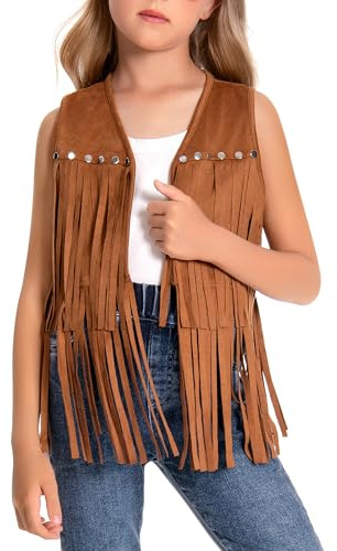 SEAUR - Chaleco con flecos para niña hippie chaleco vaquera occidental con remaches sin mangas de piel sintética ropa estilo años 60-70 niños 5-6 años
