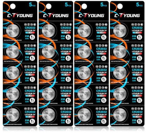 CR2032 Battery 3v Lithium Coin Batteries Wide Temperature -40℃~80℃ Leak-proof 20-Pack Cr 2032 5004LC for Key Fobs, Heart Rate Monitors, Pet collars and More
