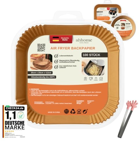 Backpapier für Heißluftfritteuse quadratisch 20–24 cm – ahhome Airfryer Backpapier, 100 Stück mit Zange, antihaft & BPA-frei, hitzebeständig bis 230 °C, lebensmittelecht – Einlegepapier Zubehör