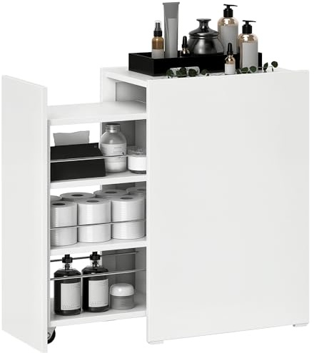 HOMCOM Armario de Baño Estrecho con Cajón Deslizante y Ruedas Mueble Auxiliar de Baño con 3 Compartimentos para Espacios Reducidos 47x30x66,5 cm Blanco