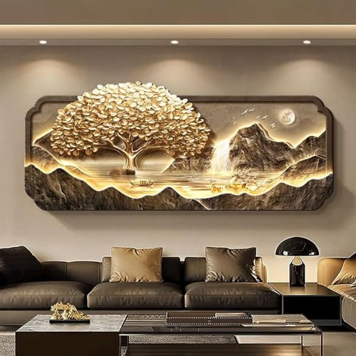 Wandbild Aus Sandstein Mit LED-Beleuchtung, Großer Glücksbaum Als Wanddekoration, Rahmenloses, Zweilagiges Sandstein-Dekorationsbild Für Eingangsbereich Und Wohnzimmer(A,60 * 120cm)