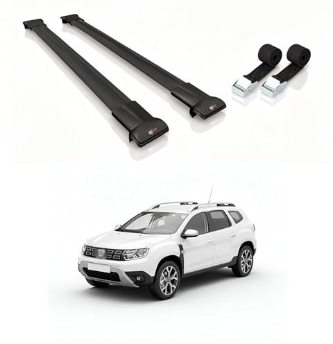 AUTOAXORY Roof Rack Cross Bars Compatible with Dacia Duster 3 (P1310) 2024-2025, For Raised Roof Rails, Black, 2 Bars with Two Tie Down Straps