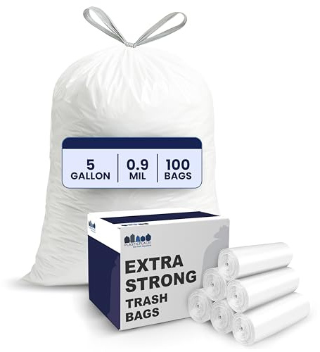 Plasticplace 5 Gallon Trash Bags │ 0.9 Mil │ White Drawstring Garbage Liners for Bucket │ 19 X 25 (100Count)