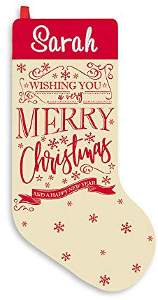Shopagift PERSONALISED Embroidered with ANY NAME Santa or Penguin Christmas Xmas Deluxe Luxury Stocking (Red Merry Christmas)