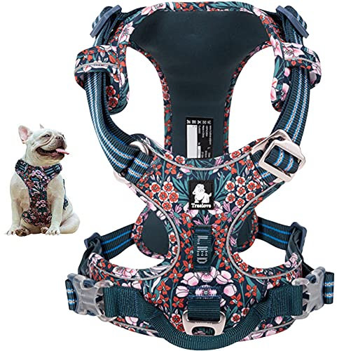 La La Pet® Hundegeschirr mit Frontclip, reflektierend, mit Griff, geblümtes Neopren, gepolsterte Hundeweste für Welpen, kleine, mittelgroße und große Hunde, 3 Schnappschnallen, einfach an- und