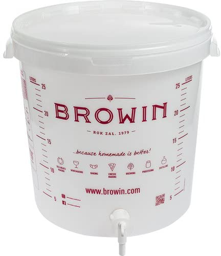 Browin 340444 Gärkübel 30 l mit Druck und Zapfhahn Kunststoff, Messskala, Metallgriff, Eimer, Behälter für Bier- und Weingärung, weiß