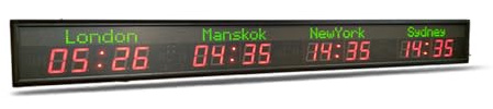 LED World Clock, 4-City Multi Time Zone Digital NTP Wall Clock - 12/24 Hour Format, Green City Name Display, Wall Mountable for Office & Hotel ， Airport， Military Bases Use