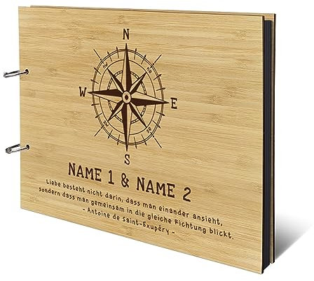 Personalisiertes Hochzeit Fotoalbum echtes Holz DIN A4 Hochzeitsbuch mit Lasergravur - Kompass - mit 25 Blatt / 50 Seiten Fotokarton Schwarz