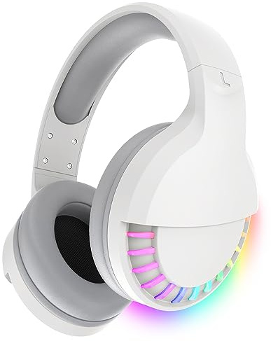 Wireless Bluetooth Headphone with Noise Cancellation HiFi Stereo Sound Mic Deep Bass Protein Earpad Rainbow RGB Backlight Rechageable Over Ear Headset for PC Mac Game Travel Class Home Office (White)