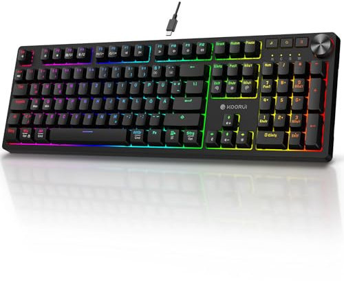 KOORUI Gaming Tastatur, Mechanisch Tastatur QWERTZ Deutsches Layout 104 Tasten 26 RGB Hinterleuchtet Kabelgebunden Gaming Keyboard für Windows MacOS Linux-Rotem Schalter