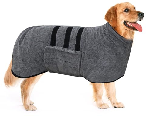 ROYUEXT Pet Bathrobe, Super Absorbent, Adjustable, Microfiber Dog Drying Towel with Magic Tape, Large Grey