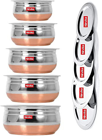 Generic Steel Handi Set 5 Piece Copper Bottom Milk Pot Pan/Biryani Tope/Punjabi Pateli/Tapeli/Cookware Set of 5 Pieces, EQS-MAR-192024-02